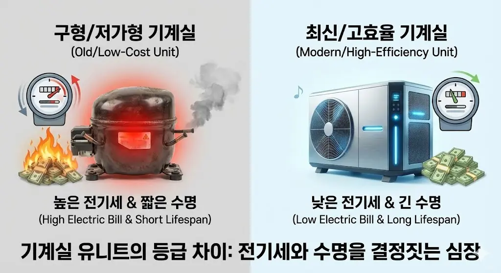 구형 기계실과 최신 고효율 기계실 유니트의 전기세 및 수명 비교
