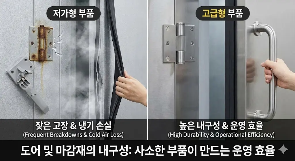 저가형 도어 부품의 고장 및 냉기 손실과 고급형 부품의 내구성 비교