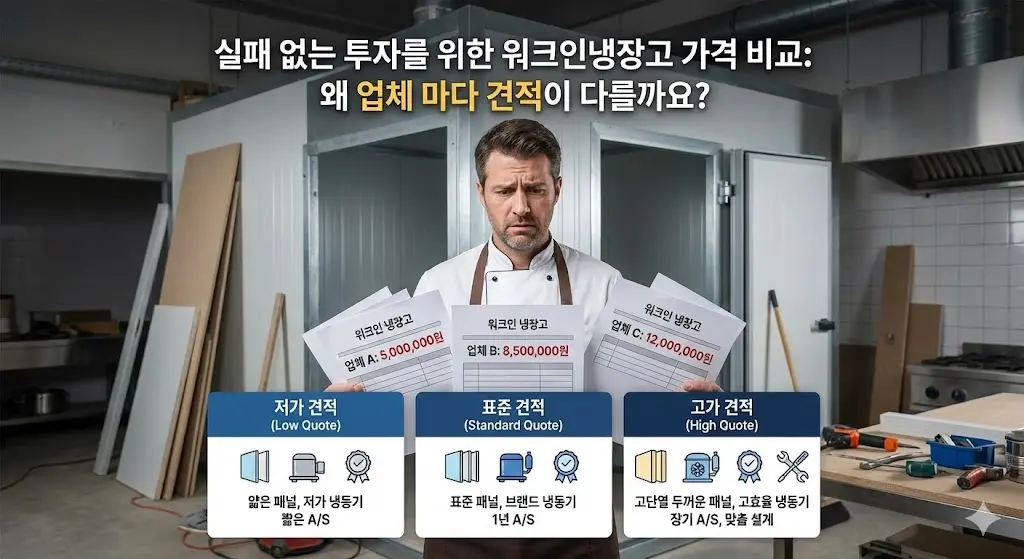 업체별 워크인 냉장고 견적서의 차이를 꼼꼼하게 비교하며 성공적인 매장 설비 투자를 고민하는 모습