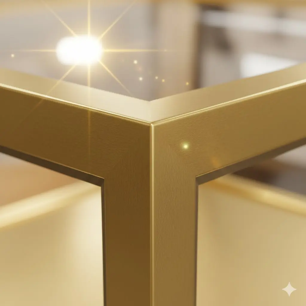 한성쇼케이스 특유의 매끄러운 모서리 마감과 골드 티타늄 코팅 디테일.