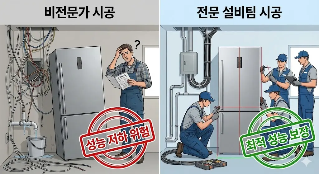 비전문가 시공과 전문 설비팀 시공의 냉장고 설치 비교 인포그래픽