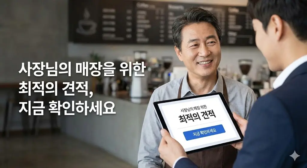 매장 점주에게 태블릿으로 최적의 견적을 보여주는 전문 컨설턴트