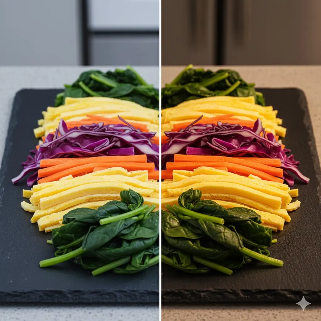 조명 품질에 따른 식재료 색감 차이를 보여주는 비교 이미지.