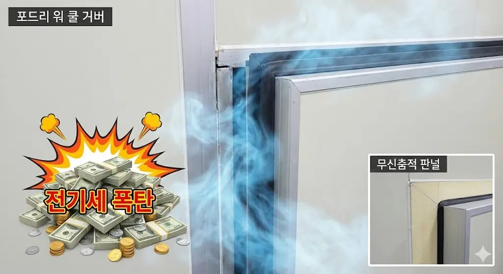 조립식 기성품 냉장고의 문 틈새로 냉기가 새어나가는 모습과 이로 인한 '전기세 폭탄'을 시각적으로 표현한 이미지.