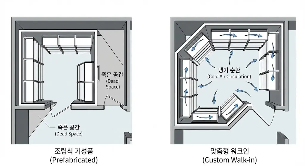 조립식 기성품의 죽은 공간 발생과 맞춤형 워크인의 효율적인 공간 활용 및 원활한 냉기 순환을 비교한 평면도