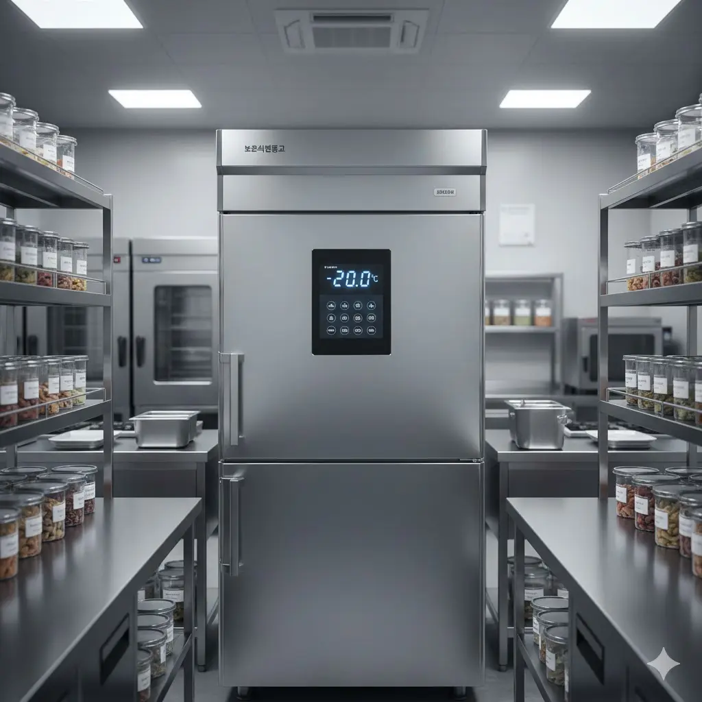 전문 주방에 설치된 세련된 스테인리스 외관의 프리미엄 보존식 냉동고 이미지.