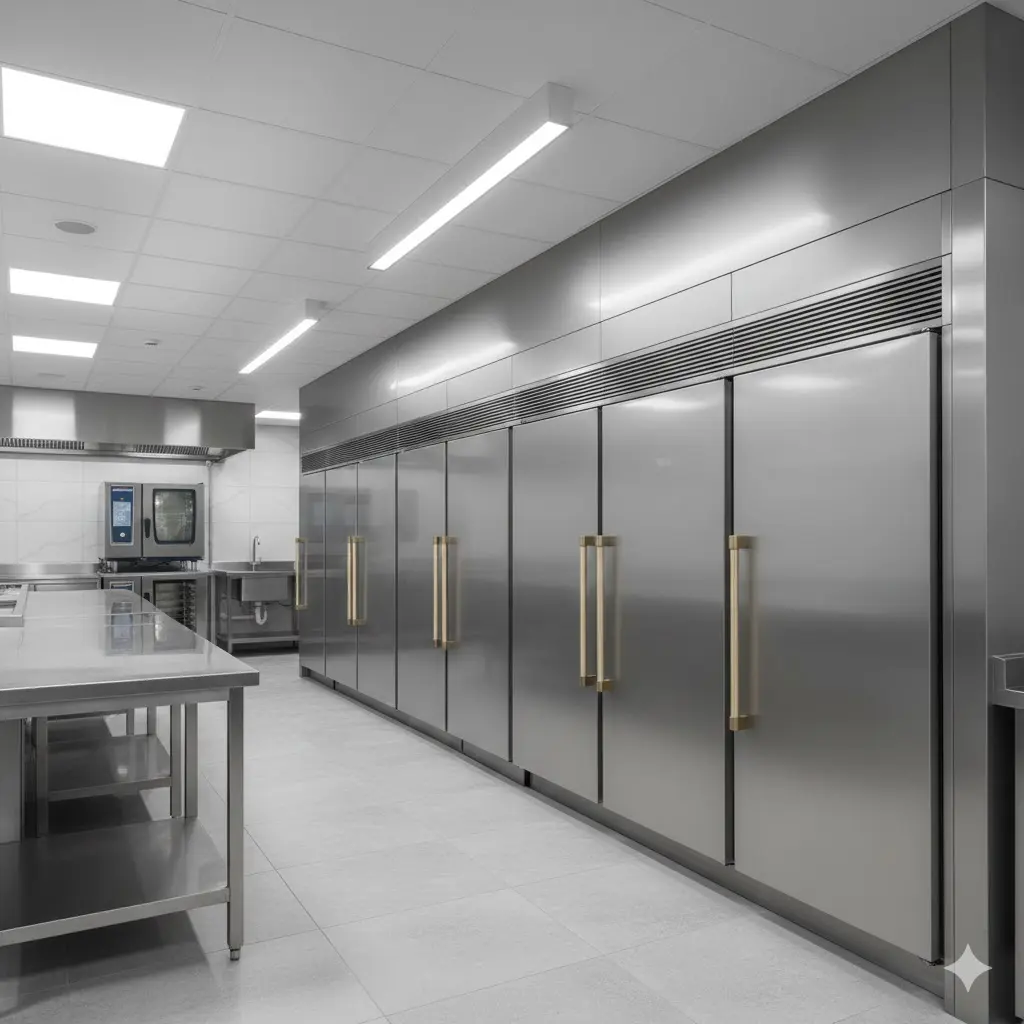 주방 인테리어와 조화를 이루는 매립형 고급 보존식 냉동고 행렬