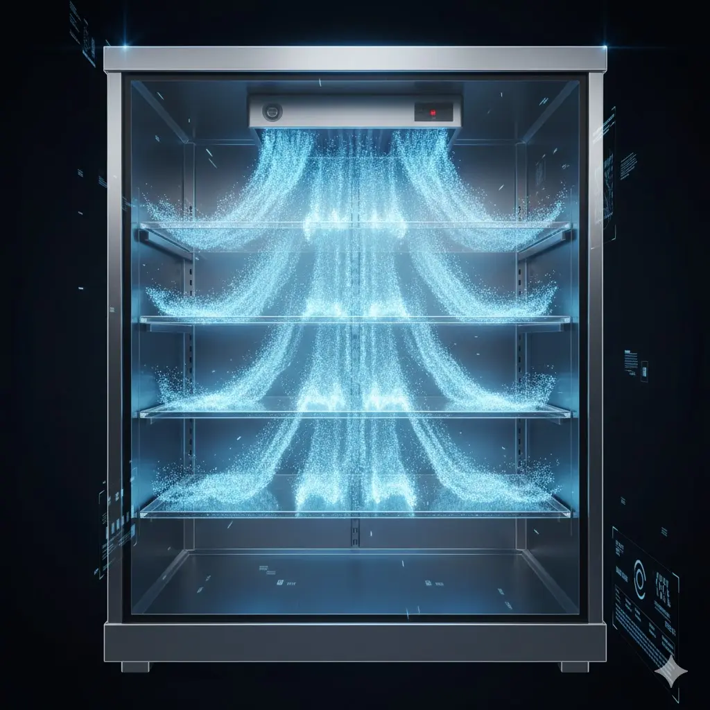 냉동고 내부의 냉기 흐름을 시각화한 기술적 그래픽 이미지