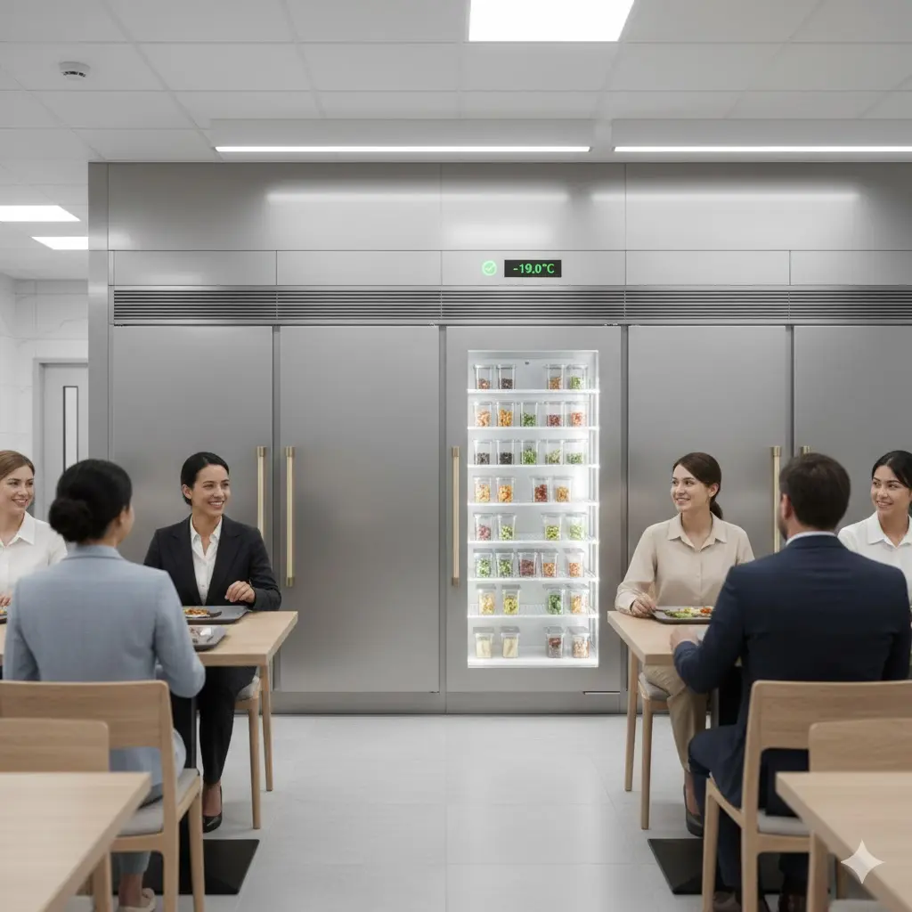매장의 안전성을 시각적으로 증명하는 주방 내 보존식 냉동고 배치.