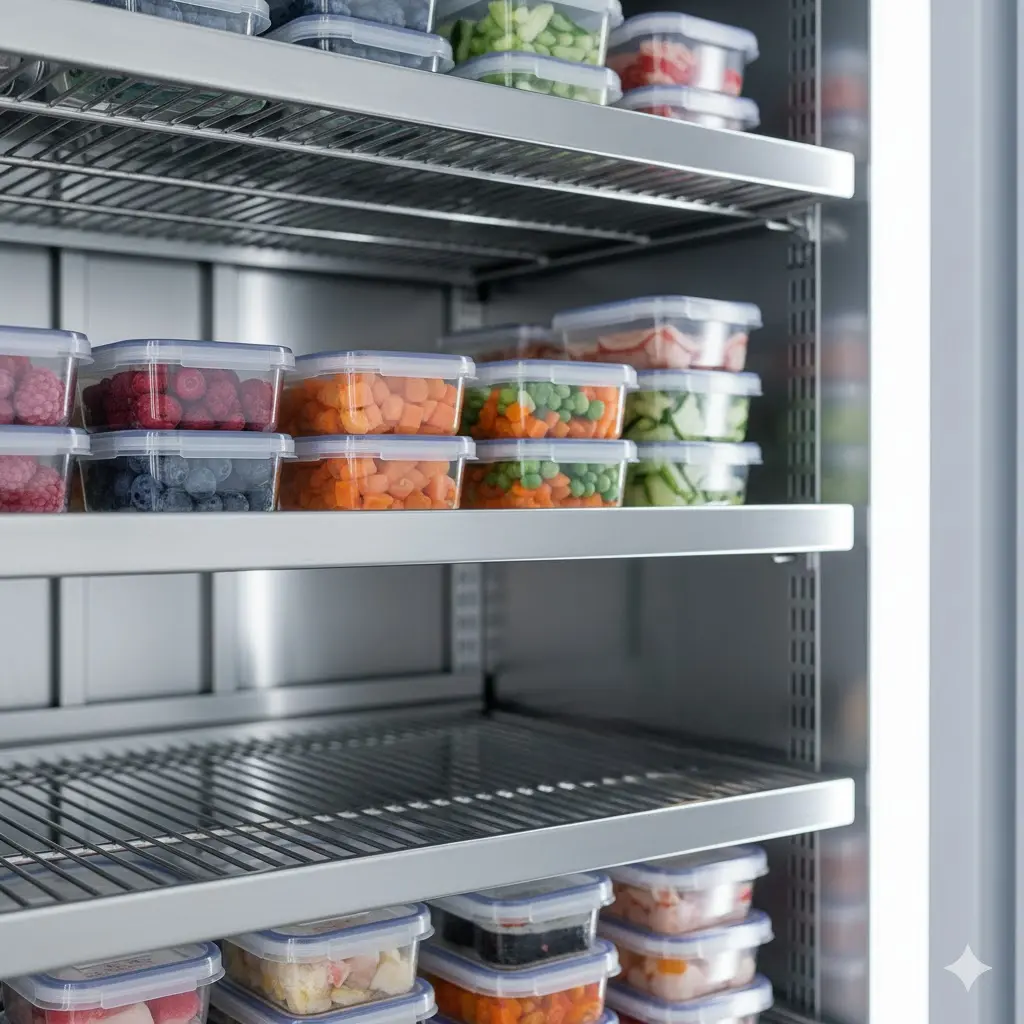식품 샘플이 정갈하게 보관된 깨끗한 냉동고 내부 선반 상세.