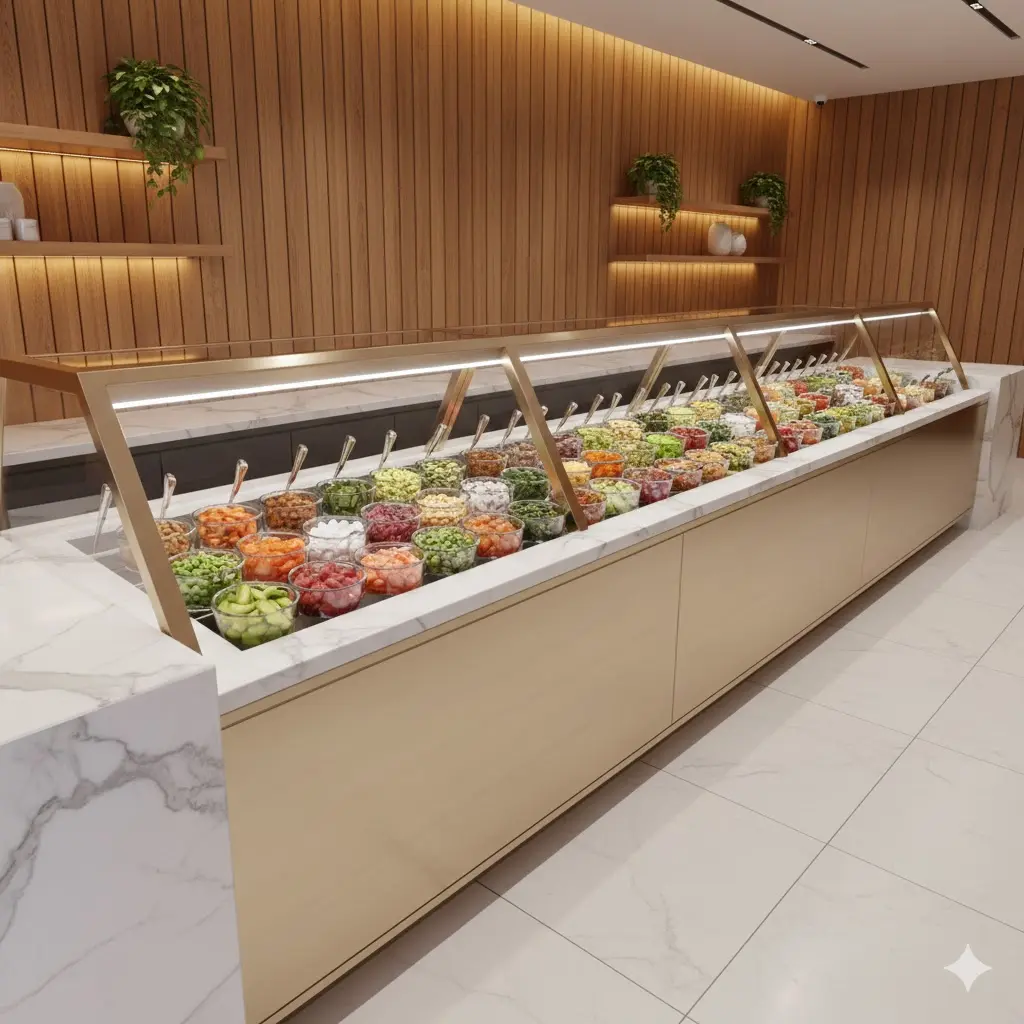 샴페인 골드 마감의 하이엔드 토핑 냉장고가 설치된 고급 매장 썸네일.