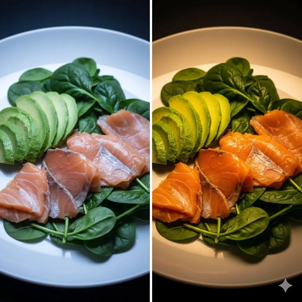 조명 품질 차이에 따른 토핑 식재료의 신선도 시각적 비교 사진.