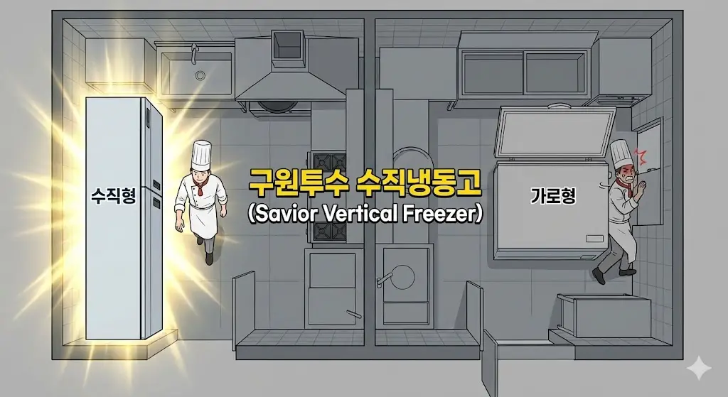 좁은 주방에서 통로를 확보하는 수직형 냉동고와 공간을 막는 가로형 냉동고의 평면도 비교