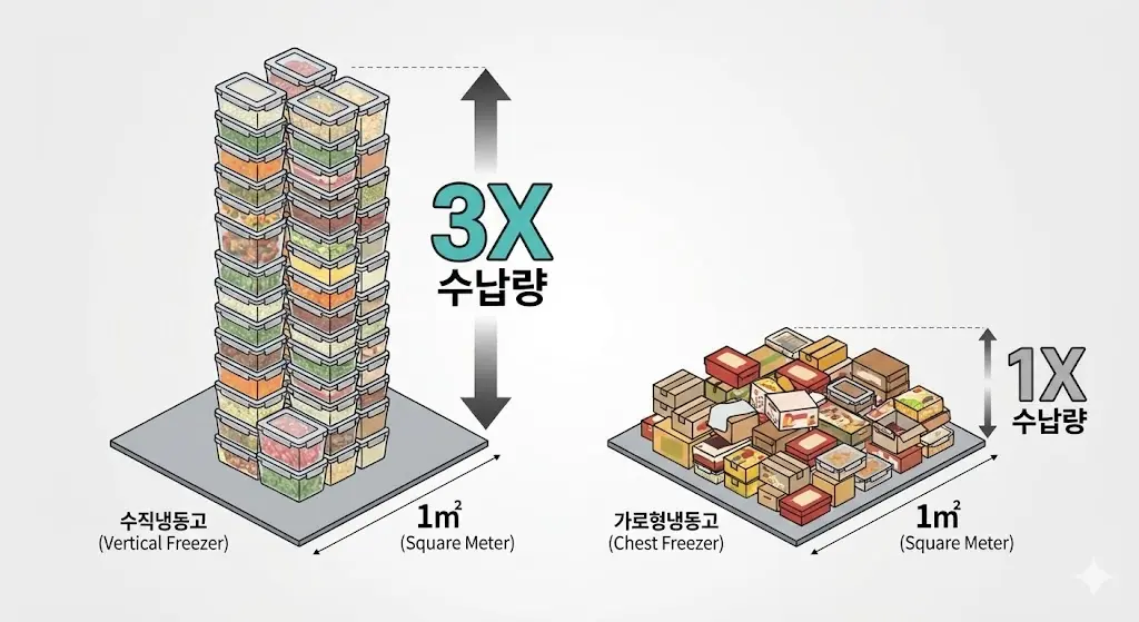 동일한 바닥 면적(㎡) 대비 수직형 냉동고의 높은 수납량과 가로형 냉동고의 낮은 수납량 비교 인포그래픽