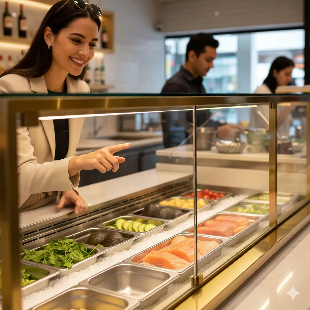 깨끗한 쇼케이스 안의 재료를 보며 주문하는 고객의 만족스러운 모습.