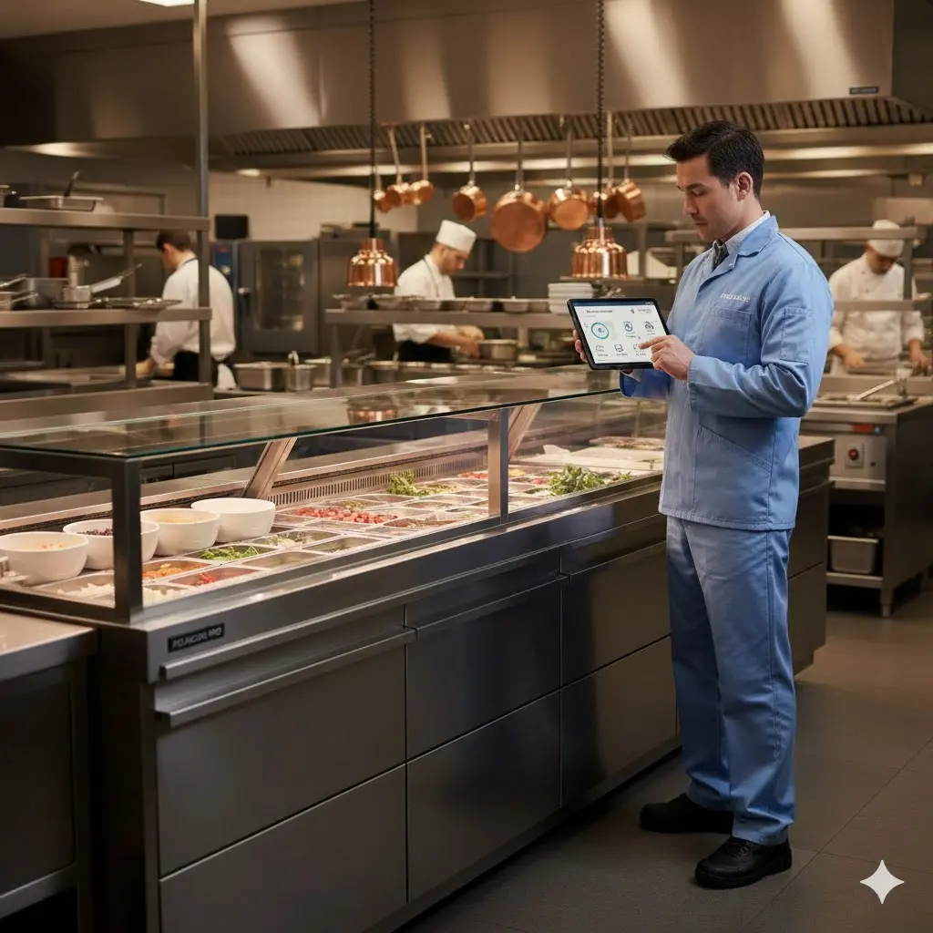 쇼케이스 내부 시스템을 전문적으로 점검 중인 엔지니어.