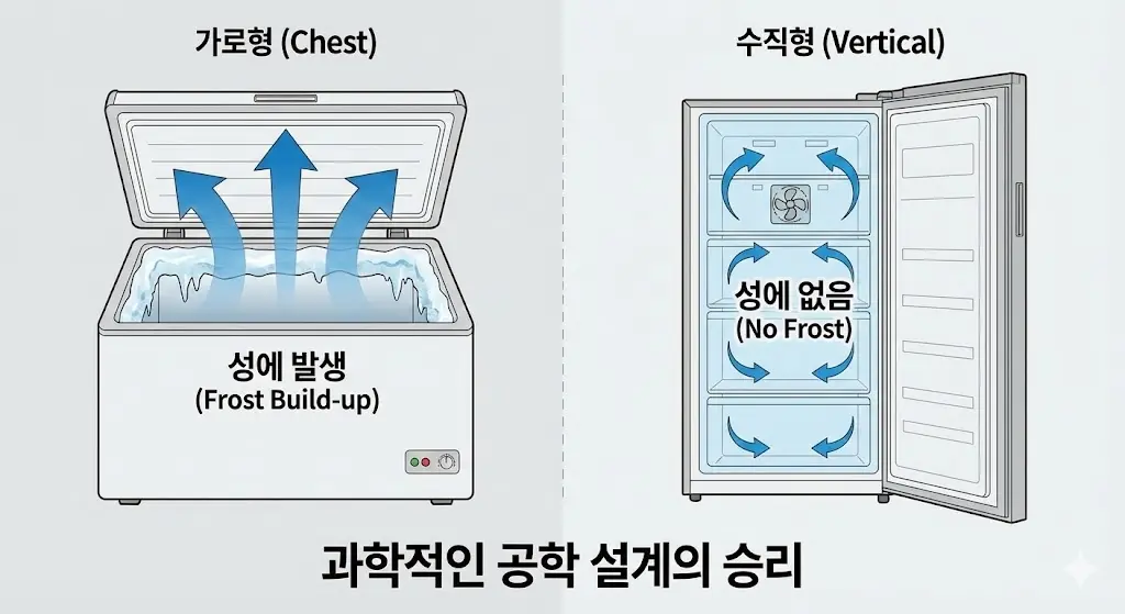 도어 개폐 시 냉기 유출을 최소화하고 성에 발생을 줄이는 수직형 냉동고의 공학적 설계 단면도
