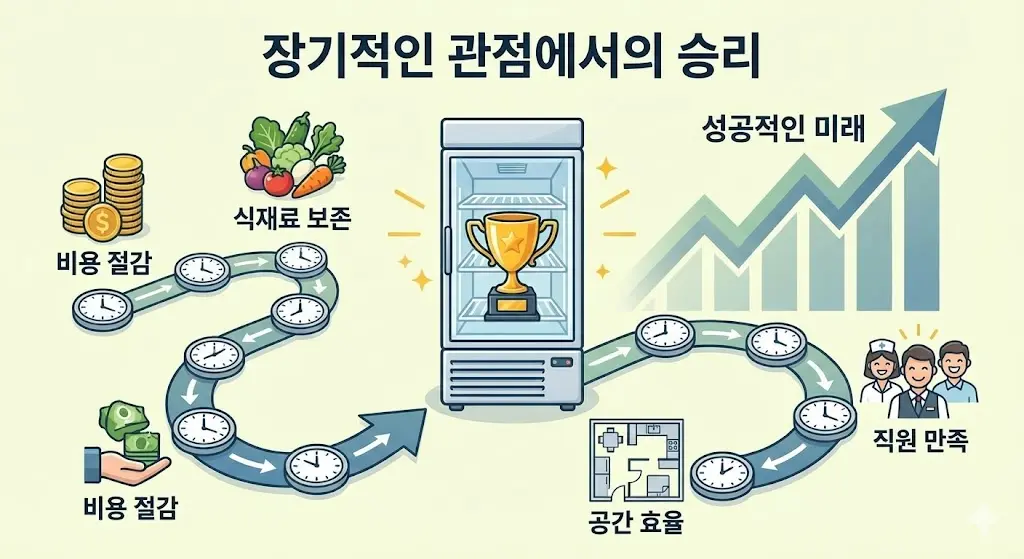 비용 절감, 식재료 보존, 공간 효율, 직원 만족 등 수직냉동고 선택이 가져오는 장기적인 성공을 보여주는 일러스트