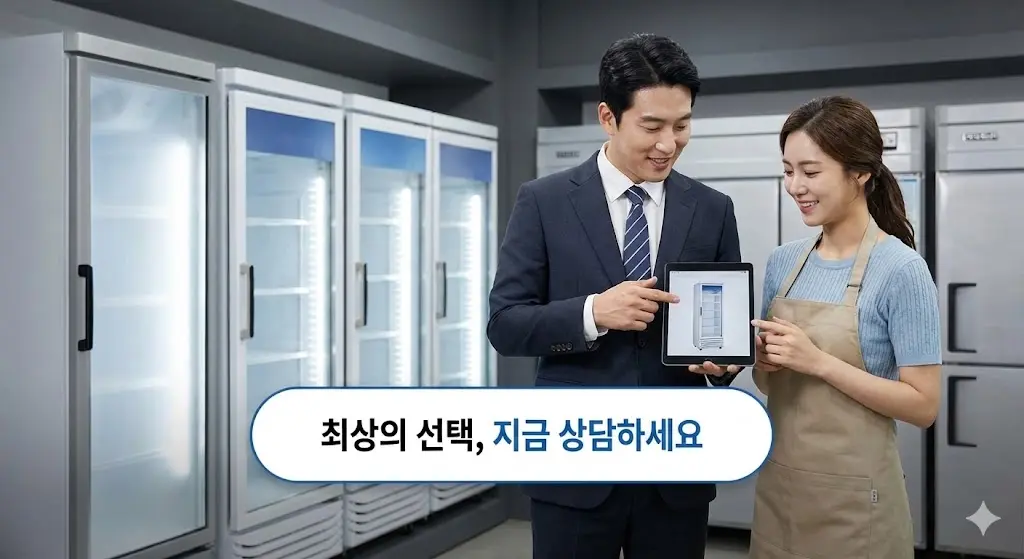 전기세 절감과 공간 활용 등 장기적 운영 수익 면에서 승리하는 수직냉동고 투자 가치 일러스트