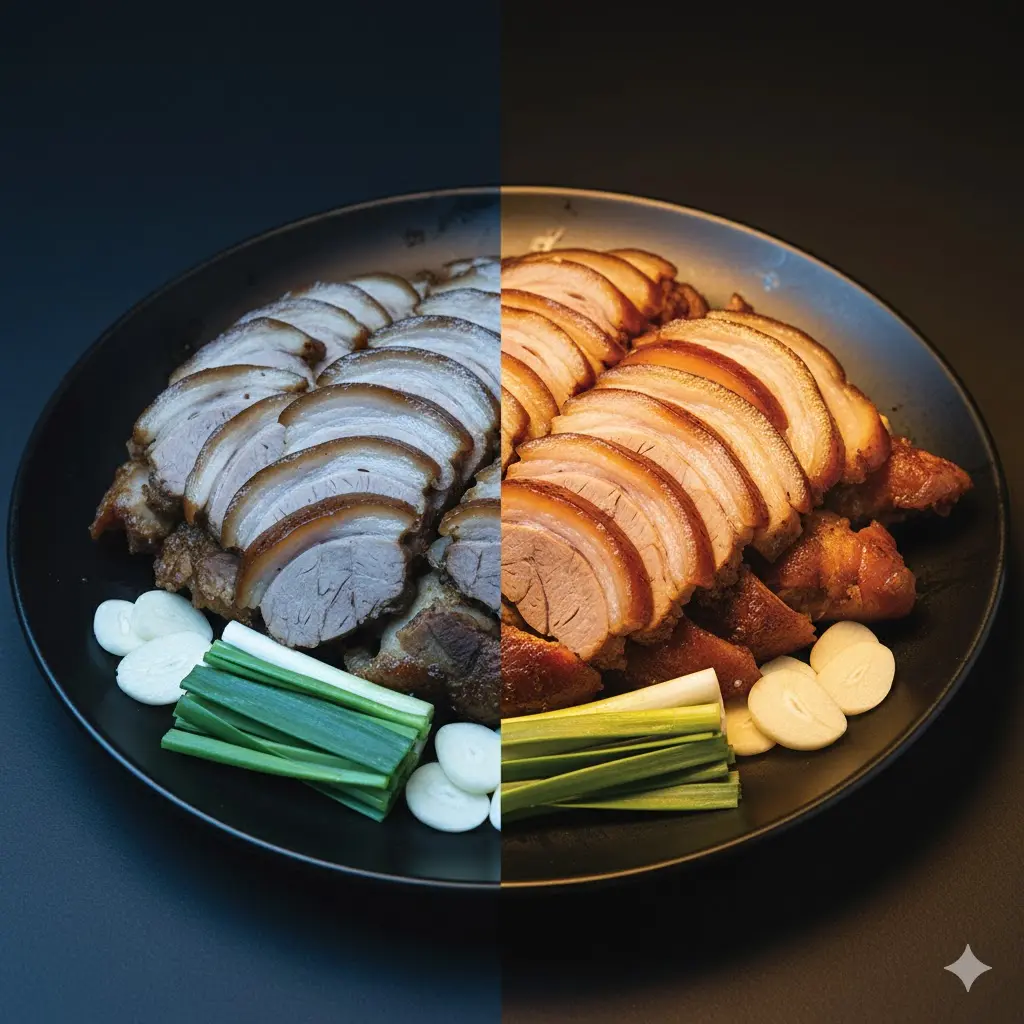 일반 조명과 하이엔드 조명 아래 족발 색감 차이 비교 이미지