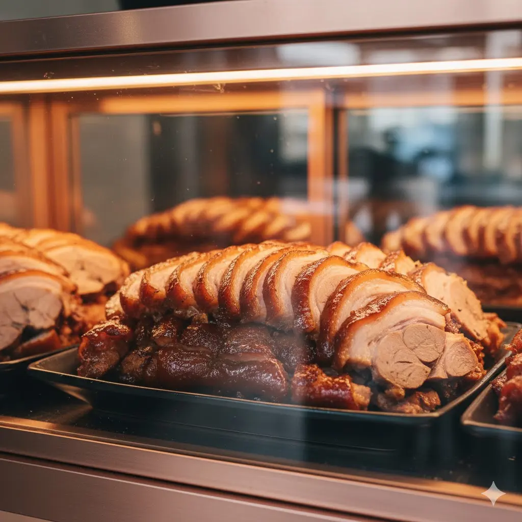 온장고 안에서 신선하고 따뜻하게 보관된 먹음직스러운 족발 근접 사진.