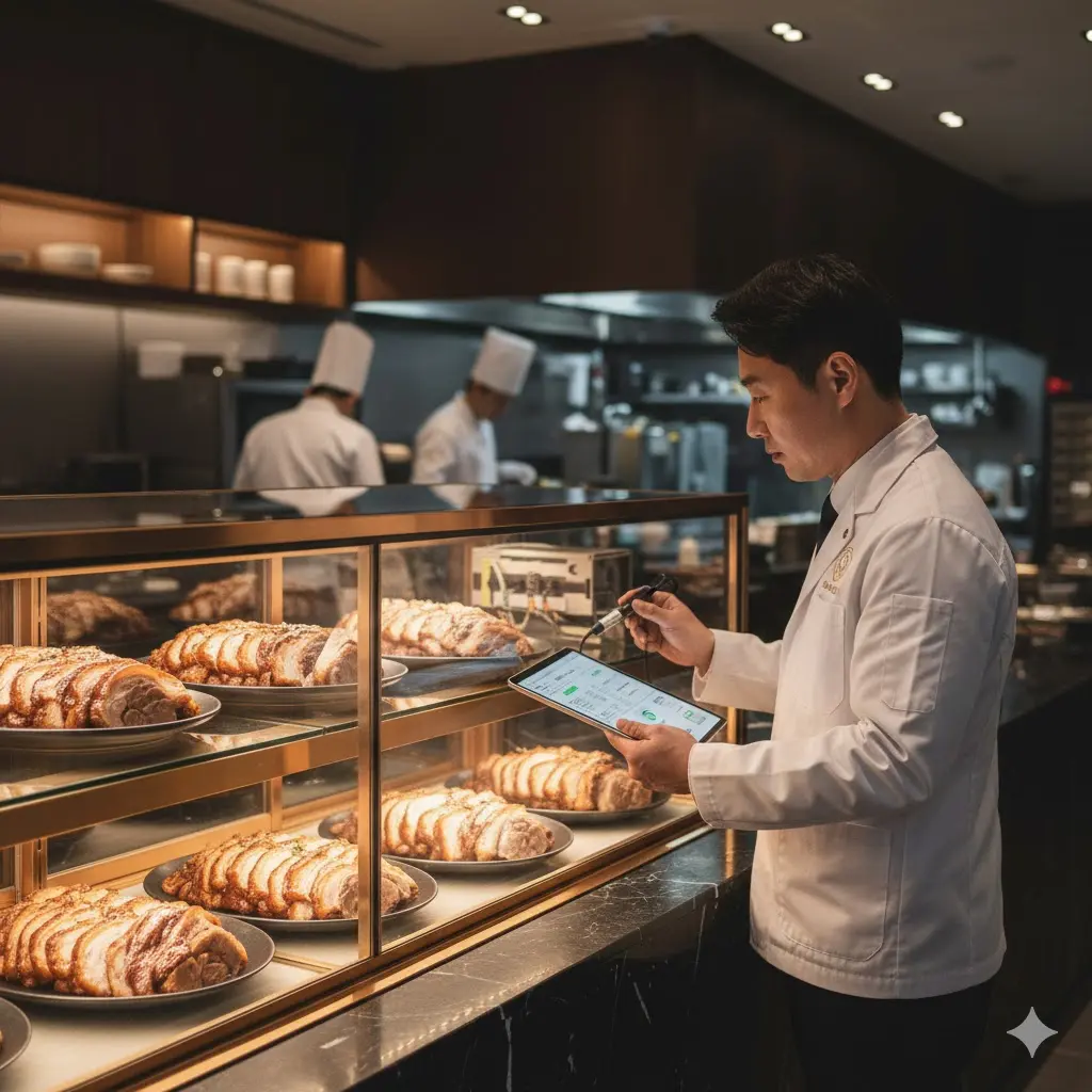 전문 장비로 쇼케이스 성능을 점검하고 있는 한국인 서비스 엔지니어.