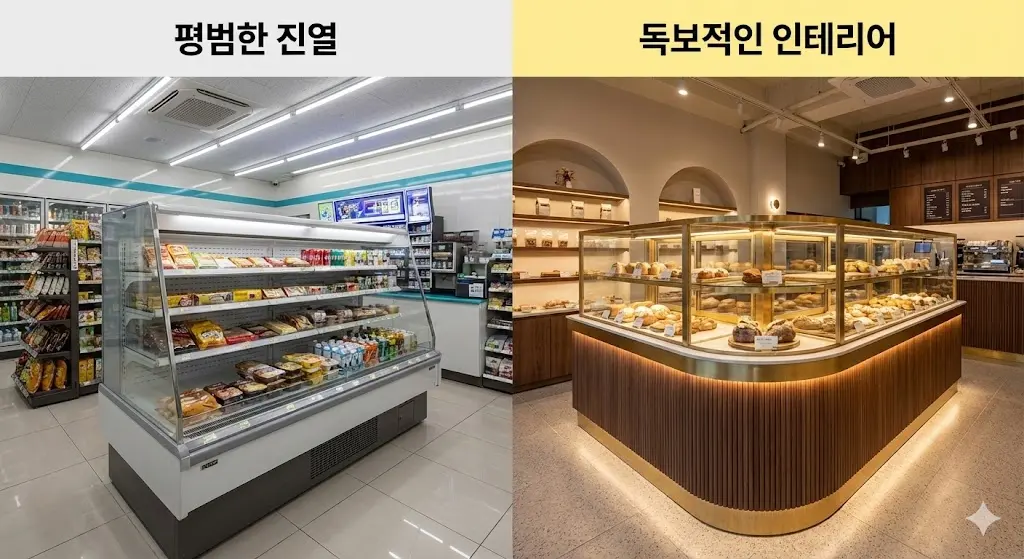 평범한 편의점 기성 진열장과 고급스러운 맞춤형 베이커리 쇼케이스로 보는 매장 인테리어의 결정적 차이