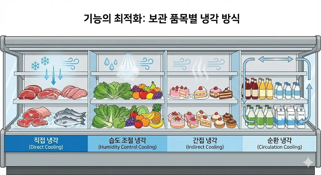 보관 품목에 따라 최적화된 냉각 방식(직접, 습도 조절, 간접, 순환)을 적용한 맞춤형 대형 쇼케이스 단면도