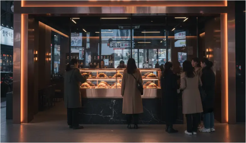 야간에도 시선을 사로잡는 화려한 조명의 족발 매장 외부 전경.