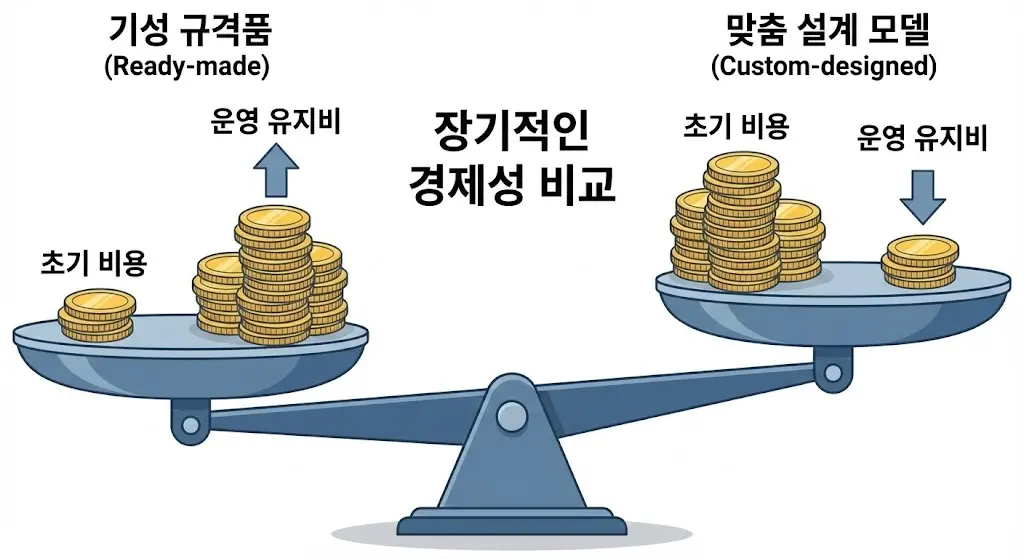 초기 비용과 운영 유지비 비교를 통해 기성품보다 장기적으로 더 경제적인 맞춤형 쇼케이스를 보여주는 저울 인포그래픽