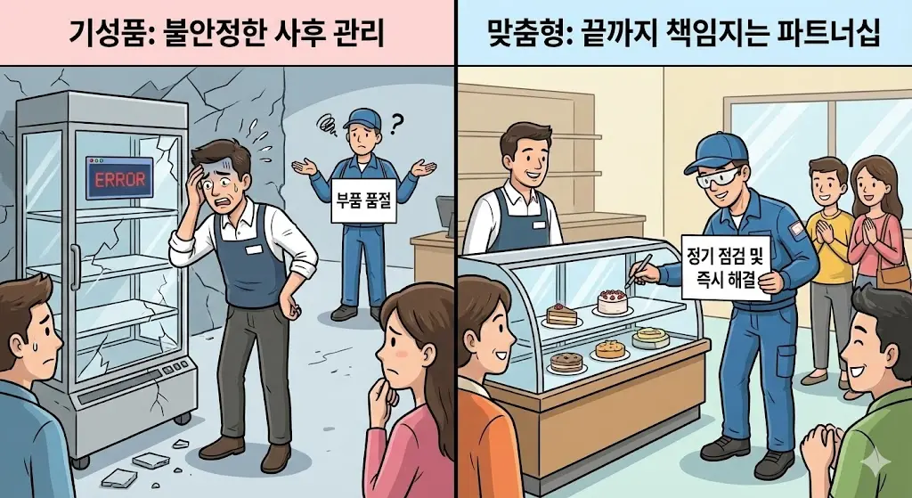 불안정한 사후 관리로 곤란을 겪는 기성품 사례와 정기 점검으로 안정적인 맞춤형 파트너십을 비교한 만화