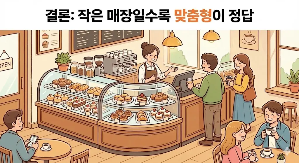 작은 매장에 맞춤형 곡선 쇼케이스를 설치하여 공간 효율을 극대화하고 성공적인 운영을 보여주는 카페 일러스트