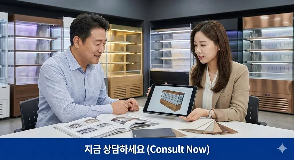 매장 점주가 전문 컨설턴트와 함께 태블릿으로 맞춤형 쇼케이스 3D 도면을 보며 상담하는 전문적인 모습