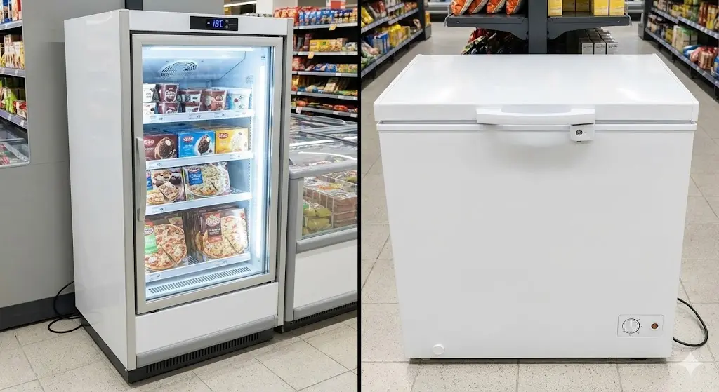 명한 유리 도어로 내부가 보이는 쇼케이스 냉동고와 뚜껑이 막혀있는 일반 형 냉동고의 외관 비교 모습