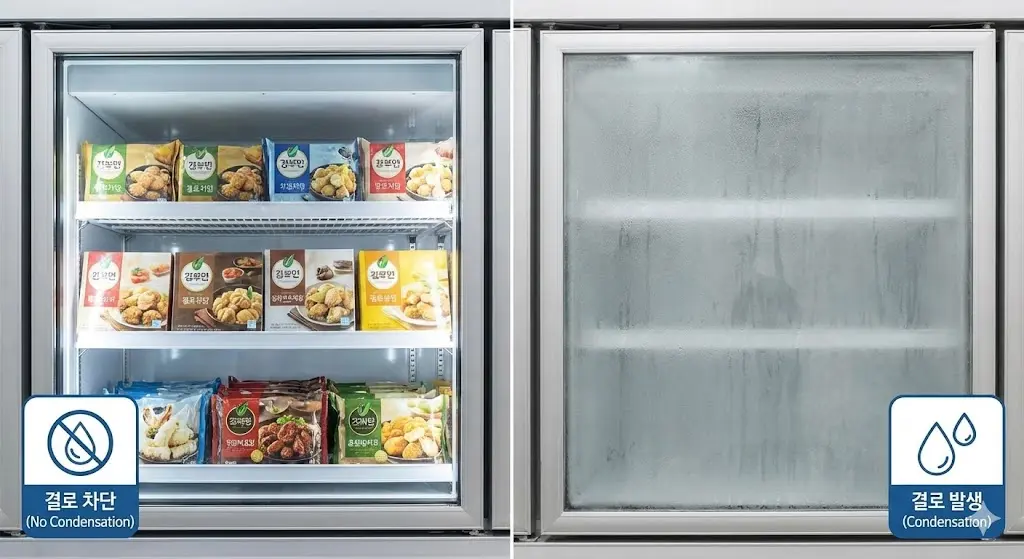 결로 차단 기술이 적용되어 내부가 선명하게 보이는 쇼케이스 냉동고 도어와 결로로 인해 뿌옇게 흐려진 일반 냉동고 도어의 비교 사진