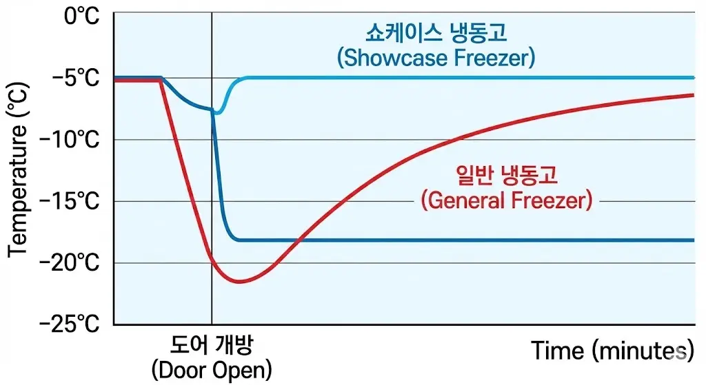 도어 개방 후 설정 온도까지 빠르게 복구되는 쇼케이스 냉동고와 느리게 복구되는 일반 냉동고의 온도 변화 비교 그래프
