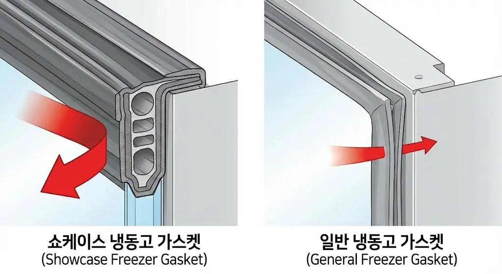 열 차단 효과가 뛰어난 다중 구조의 쇼케이스 냉동고 가스켓과 열 손실이 발생하는 얇은 일반 냉동고 가스켓의 단면 비교도