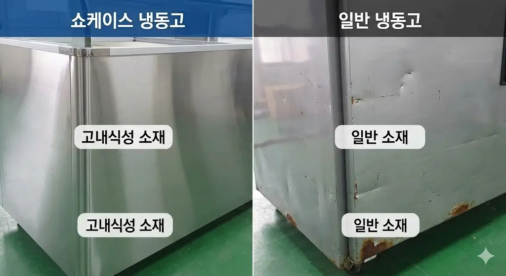 부식에 강하고 깨끗한 스테인리스 소재의 쇼케이스 냉동고 측면과 녹슬고 찌그러진 일반 페인트 도장 소재의 냉동고 측면 비교 사진