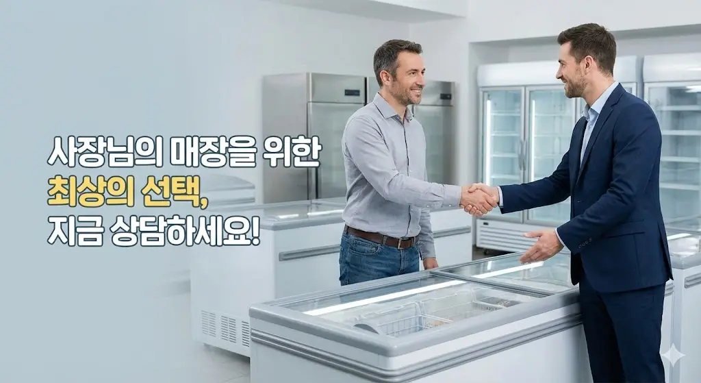 장기적인 관점에서의 매출 상승과 에너지 비용 절감을 상징하는 아이콘과 함께 쇼케이스 냉동고 앞에서 만족스럽게 악수하는 사업 파트너의 모습