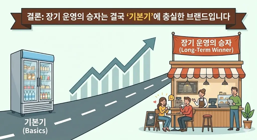 '기본기'가 탄탄한 냉장고를 선택하는 것이 장기적으로 성공적인 매장 운영으로 이어진다는 결론을 성공의 길을 따라가는 타임라인으로 표현했습니다.