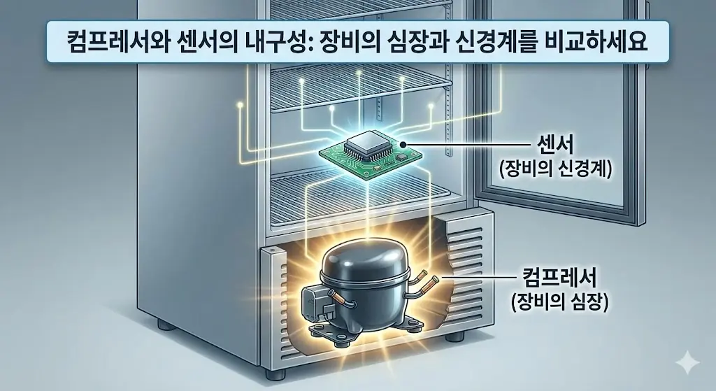 냉장고의 핵심 부품인 컴프레서와 센서를 각각 심장과 신경계에 비유하여 내구성의 중요성을 강조하는 기술적인 인포그래픽입니다.