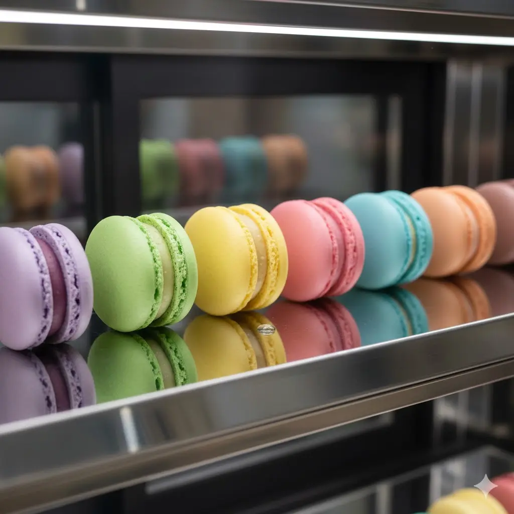 고연색성 조명 아래 선명한 색감의 마카롱 근접 사진.