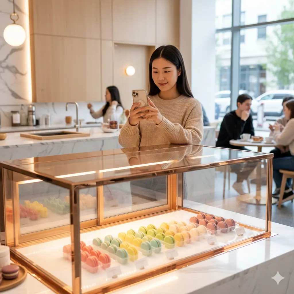 쇼케이스 앞에서 마카롱 사진을 찍는 고객의 모습.