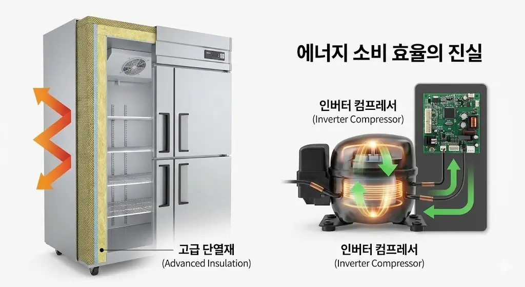 상업용 냉장고의 에너지 효율을 높이는 핵심 기술인 고급 단열재의 단면과 인버터 컴프레서의 작동 원리를 보여주는 기술 다이어그램입니다.