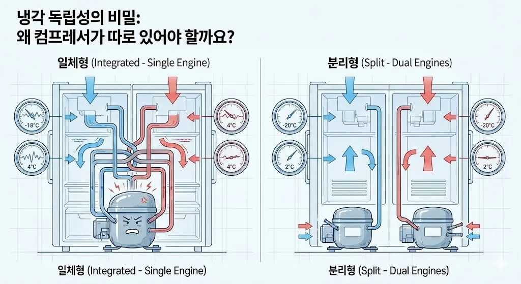 냉동과 냉장의 완벽한 온도 유지를 위해 컴프레서를 별도로 장착한 독립 냉각 시스템의 기술적 구조