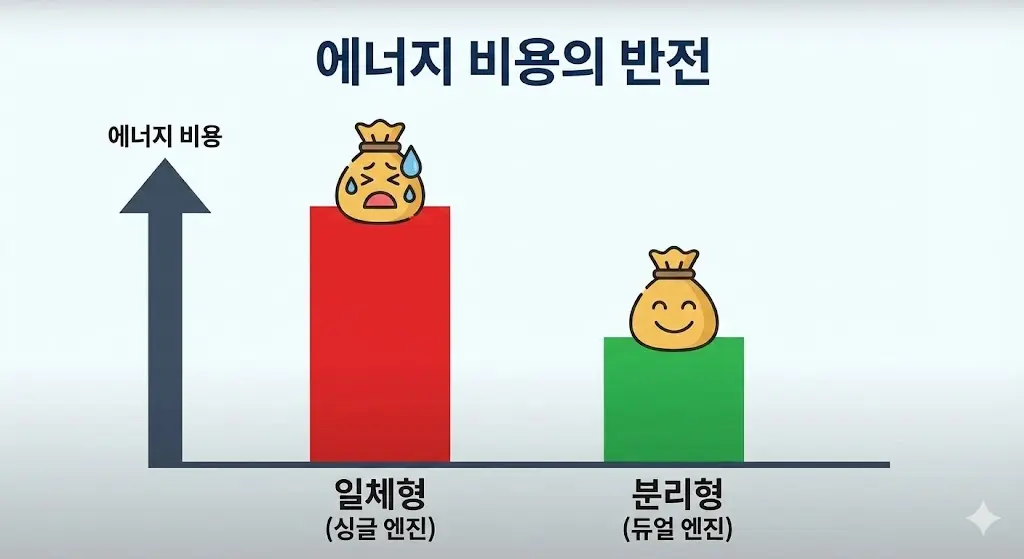 단일 컴프레서보다 효율적인 이중 컴프레서 시스템으로 전기 요금을 절감하는 에너지 효율 비교 도표