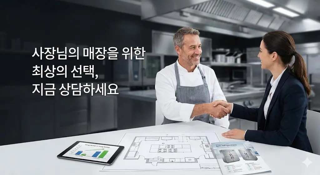 주방 설비 전문가와 상담 후 도면과 냉장고 카탈로그가 놓인 테이블에서 신뢰의 악수를 나누는 셰프와 상담원