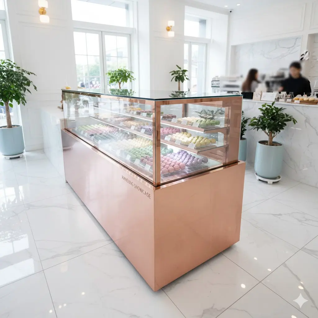 금색 마감의 하이엔드 마카롱 쇼케이스가 설치된 고급 디저트 샵 전경.
