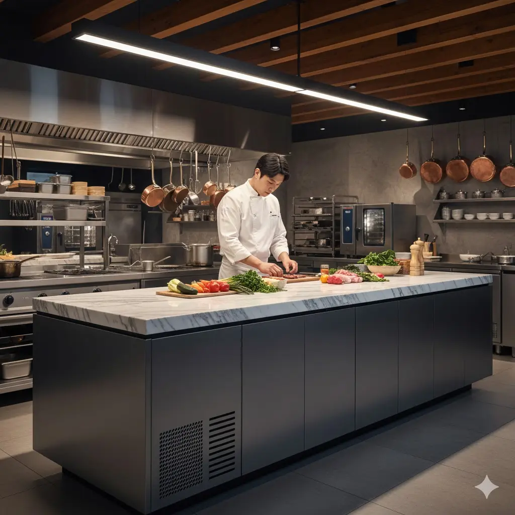 프리미엄 오픈 키친 속 한성 테이블냉장고 1800