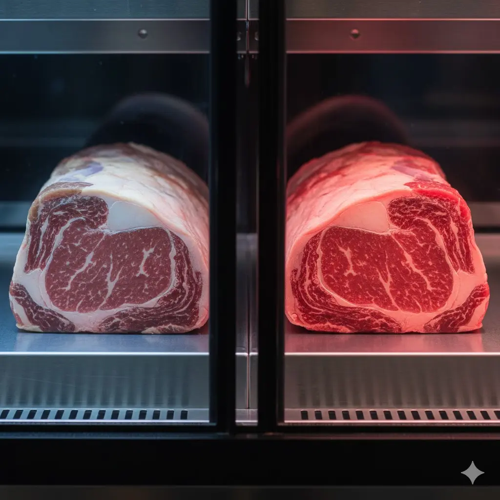 일반 조명 vs 한성 특화 조명 아래 고기 색감을 비교한 인포그래픽형 실사 이미지.